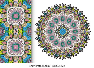 Set of seamless border pattern and ethnic stylized floral mandala. Decorative design elements for Wedding, Bridal, Valentine's day, greeting cards or Birthday Invitations. Colorful fashion collection