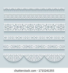 Set of seamless border patterns. Crochet lace ribbons. Elegant cutout paper lines on neutral background. Ornamental vector templates for laser cutting or wood carving.