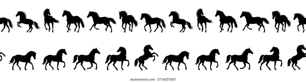 Conjunto de borde sin fisuras de siluetas de caballo corriendo en movimiento continuo. Patrón de equino negro para 2026 Año del Caballo. Animal Zodiac diseño, decoración, Anuncio, recorte, repitiendo tira Horizontal.