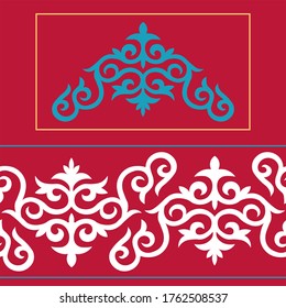 Set of  seamless border and vector ornamental elements with motifs of Kazakh, Kyrgyz, Tatar, national Asian decor for borders, textile, plate, tile, and print design. Workpiece for your design.