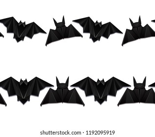 Set of seamless borders with 3d illustration of origami bat. Halloween. Vector texture for frame, invitation, card and your creativity
