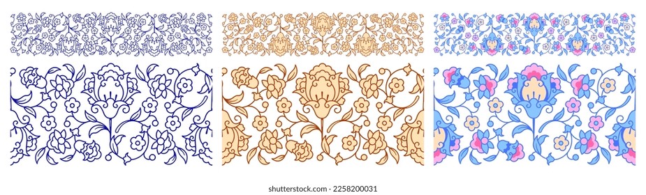 Set of seamless borders with arabesque floral ornament and corner elements. Borders in Arabian style with flowers and leaves. Vector illustration