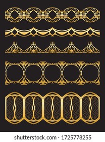 Set of seamless borders in art nouveau style, vintage, old, retro style in gold Isolated on black background..