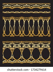 Set of seamless borders in art nouveau style, vintage, old, retro style in gold Isolated on black background..