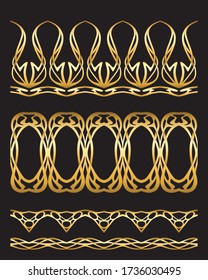 Set of seamless borders in art nouveau style, vintage, old, retro style in gold Isolated on black background..