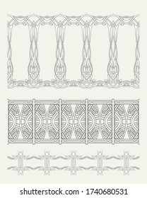 Set of seamless borders in art nouveau style, vintage, old, retro style. Outline vector illustration..