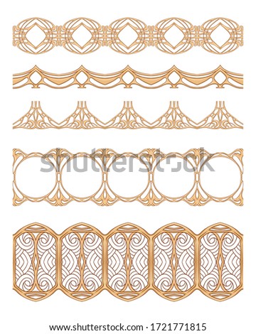 Set of seamless borders in art nouveau style, vintage, old, retro style. Wood carving imitation. Isolated on white background..