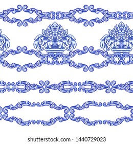 Set of seamless borders Azulejos - Portuguese Dutch and oriental tile in shades of blue and yellow colors pattern. Baroque Vector mosaic. Rococo ornament