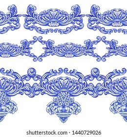 Set of seamless borders Azulejos - Portuguese Dutch and oriental tile in shades of blue and yellow colors pattern. Baroque Vector mosaic. Rococo ornament