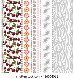 Set of seamless borders with bohemian motifs. Cherry pattern, wildflowers, paisleys, zebra print. Folk art textile collection. Colorful on white.