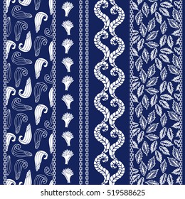 Set of seamless borders. Bohemian pattern with floral motifs, leaves, scrolls. Ethnic textile collection. White, dark blue. Batik print on cotton fabric.
