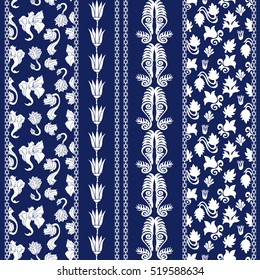 Set of seamless borders. Bohemian pattern with floral motifs, leaves, scrolls. Ethnic textile collection. White, dark blue. Batik print on cotton fabric.