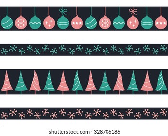 Set of seamless borders with Christmas baubles, trees and snowflakes for winter holidays design