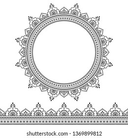 Set of seamless borders and circular ornament in form of frame for design, application of henna, Mehndi, tattoo and print. Decorative pattern in ethnic oriental style.