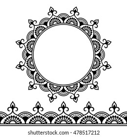 Set of seamless borders and circular ornament for design, application of henna, Mehndi and tattoo. Decorative pattern in ethnic oriental style.