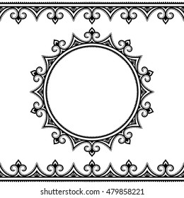 Set of seamless borders and circular ornament for design, application of henna, Mehndi and tattoo. Decorative pattern in ethnic oriental style.