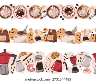 Set Of Seamless Borders With Coffee Mug, Bag, Beans And Barista Tools In Flat Style. Repeating Pattern For Coffee Shop, Wallpaper, Packaging Design And Professional Decor.