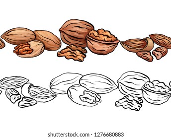 Set of seamless borders with colored  and outline cartoon nuts.  Walnut, pecan and almond. Objects separate from the background.  Vector pattern for frames, cards, menus and your design.