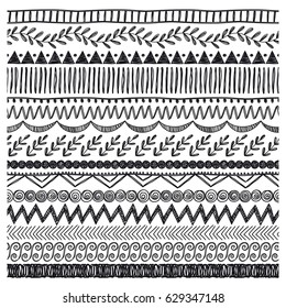 Set of seamless borders. Could be used as divider, frame, brushes, etc. Freehand drawing. Black and white
