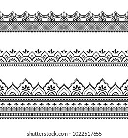 Set of seamless borders for design, application of henna, Mehndi and tattoo. Decorative pattern in ethnic oriental style.