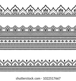Set of seamless borders for design, application of henna, Mehndi and tattoo. Decorative pattern in ethnic oriental style.
