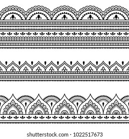 Set of seamless borders for design, application of henna, Mehndi and tattoo. Decorative pattern in ethnic oriental style.