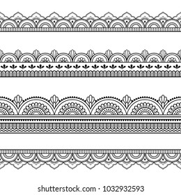 Set of seamless borders for design, application of henna, Mehndi and tattoo. Decorative pattern in ethnic oriental style.