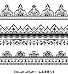 Set of seamless borders for design, application of henna, Mehndi and tattoo. Decorative pattern in ethnic oriental style.