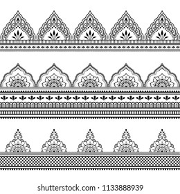 Set of seamless borders for design, application of henna, Mehndi and tattoo. Decorative pattern in ethnic oriental style.