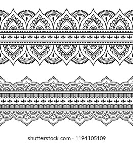 Set of seamless borders for design, application of henna, Mehndi and tattoo. Decorative pattern in ethnic oriental style.