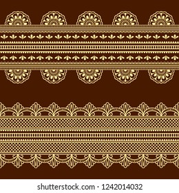 Set of seamless borders for design, application of henna, Mehndi and tattoo. Decorative pattern in ethnic oriental style.