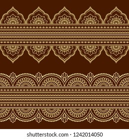 Set of seamless borders for design, application of henna, Mehndi and tattoo. Decorative pattern in ethnic oriental style.