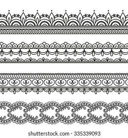 Set of seamless borders for design, application of henna, Mehndi and tattoo. Decorative pattern in ethnic oriental style.