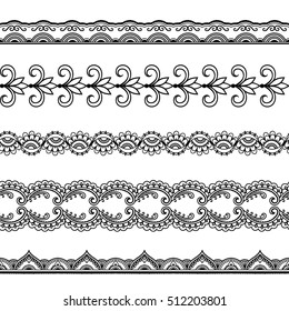 Set of seamless borders for design, application of henna, Mehndi and tattoo. Decorative pattern in ethnic oriental style.