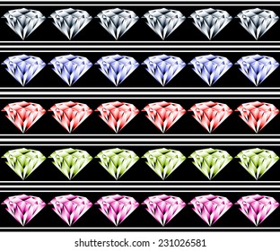 Set of seamless borders with diamonds on black background