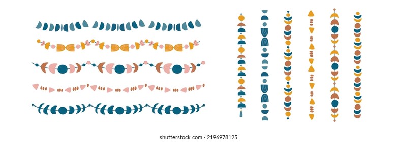 Set of seamless borders and dividers in boho style. Bohemian decoration hanging and mobile with abstract, magical, moon phases elements. Vector illustration