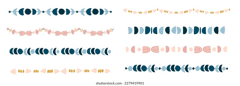 Set of seamless borders and dividers in boho style. Bohemian decor hanging and mobile with abstract, magical, moon phases elements. Vector illustration