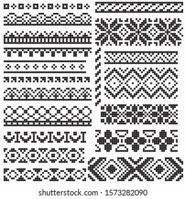 set of seamless borders in ethnic style. Collection of monochrome patterns. Pixel design.