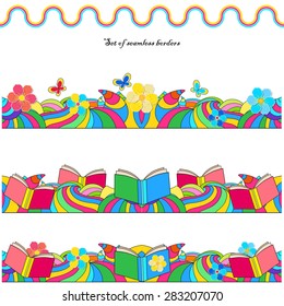 Set of seamless borders with flowers, books and colored waves