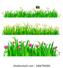 Set of seamless borders with fresh green grass and flowers