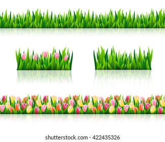 Set Of Seamless Borders With Fresh Green Grass And Flowers