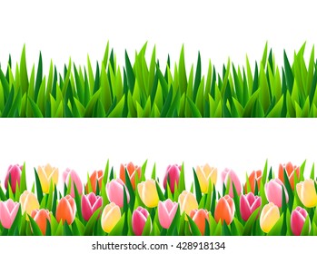 Set Of Seamless Borders With Fresh Green Grass And Flowers