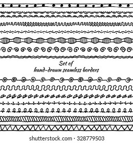 Set of seamless borders. Hand drawn doodle design elements. Floral elements for your design. Vector illustration.