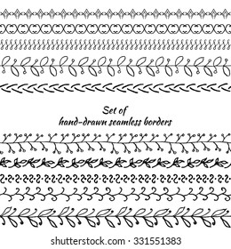 Set of seamless borders. Hand drawn doodle design elements. Floral elements for your design. Vector illustration.