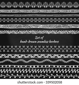  Set of seamless borders. Hand drawn doodle design elements. Floral elements for your design. Vector illustration. 