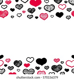 Set of seamless borders hand-drawn hearts of various red and black on a white background. Vector illustration. 