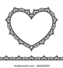 Set of seamless borders and heart for design, application of henna, Mehndi and tattoo. Decorative pattern in ethnic oriental style.
