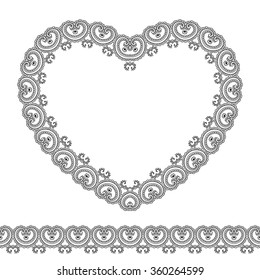 Set of seamless borders and heart for design, application of henna, Mehndi and tattoo. Decorative pattern in ethnic oriental style.