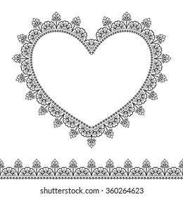 Set of seamless borders and heart for design, application of henna, Mehndi and tattoo. Decorative pattern in ethnic oriental style.