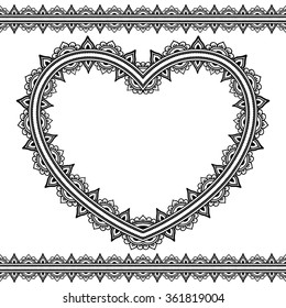 Set of seamless borders and heart for design, application of henna, Mehndi and tattoo. Decorative pattern in ethnic oriental style.